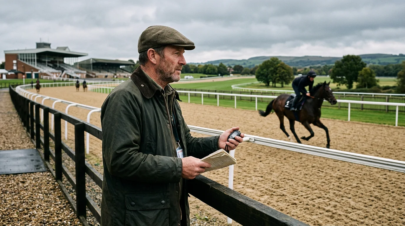 Horse trainer watching a thoroughbred gallop on the Tapeta all-weather track at Newcastle Gosforth Park