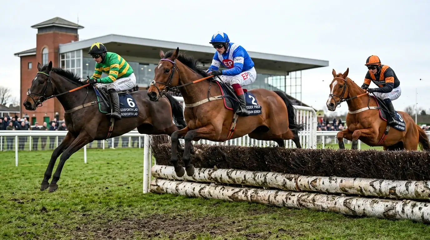 Racehorses jumping a birch steeplechase fence during the Eider Chase at Newcastle Gosforth Park
