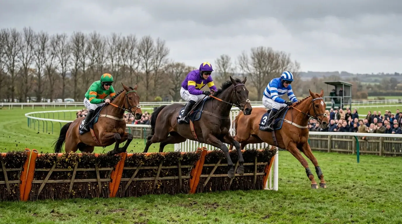 Horses jumping a hurdle during the Fighting Fifth Hurdle at Newcastle racecourse