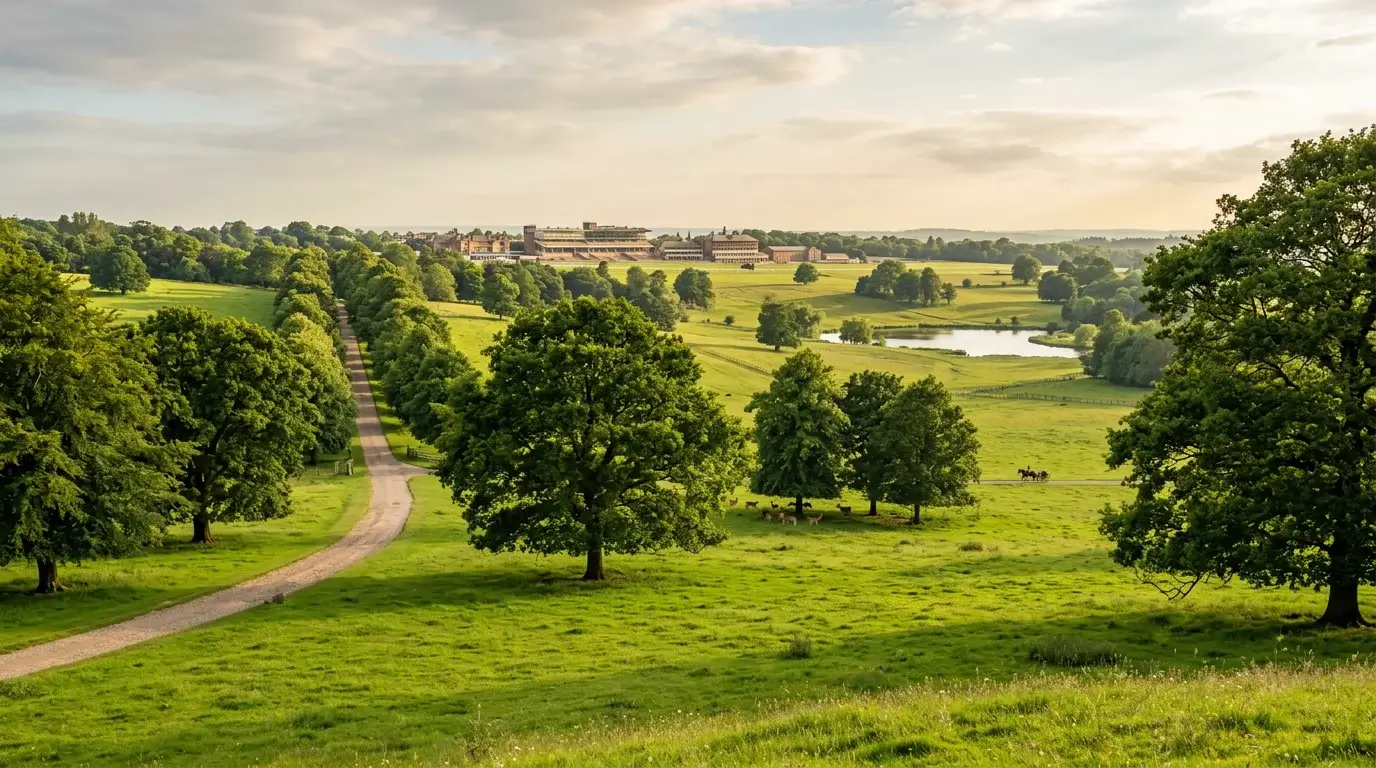 Sweeping parkland and mature trees of Gosforth Park estate with the Newcastle racecourse grandstand visible in the distance