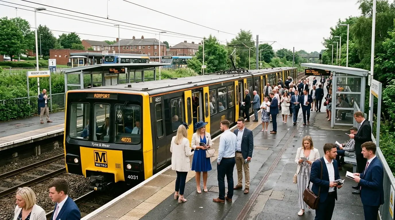Tyne and Wear Metro train at Regent Centre station near Newcastle Gosforth Park racecourse