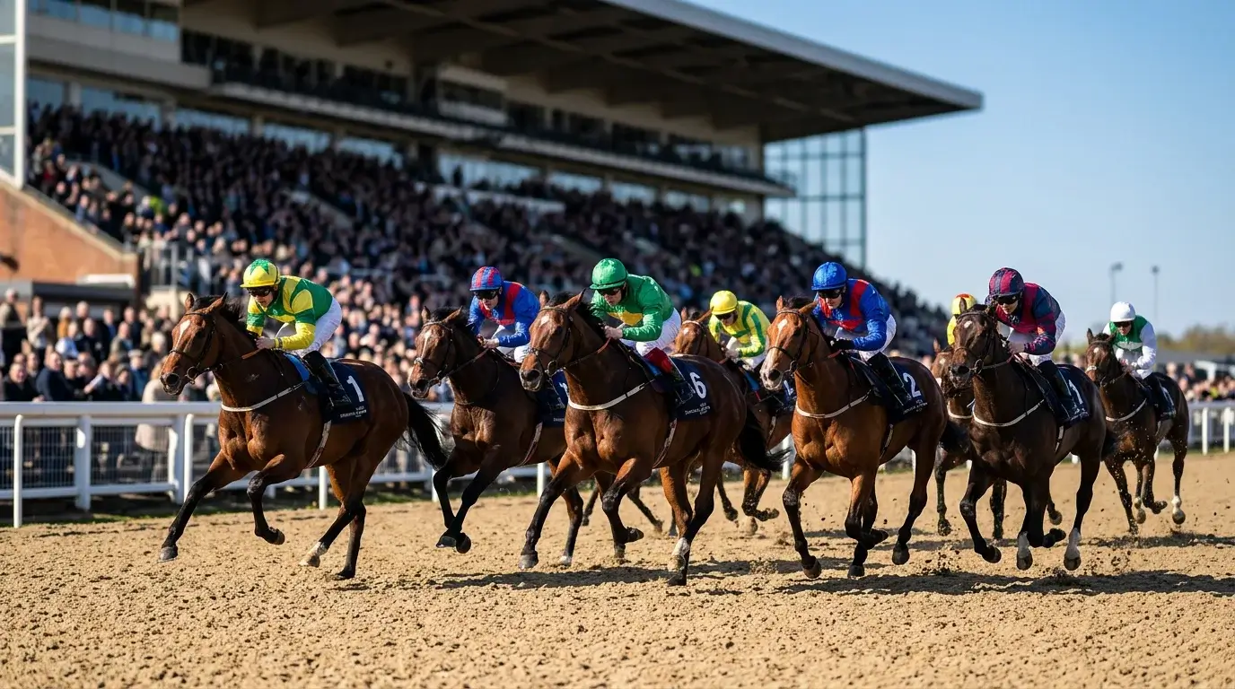 Thoroughbred racehorses sprinting down the Tapeta straight at Newcastle Gosforth Park on All-Weather Championships Finals Day