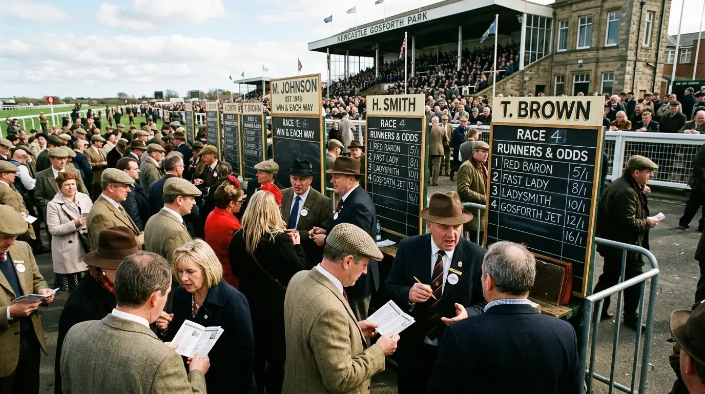 On-course bookmakers at the betting ring at Newcastle Gosforth Park racecourse displaying odds on a race day