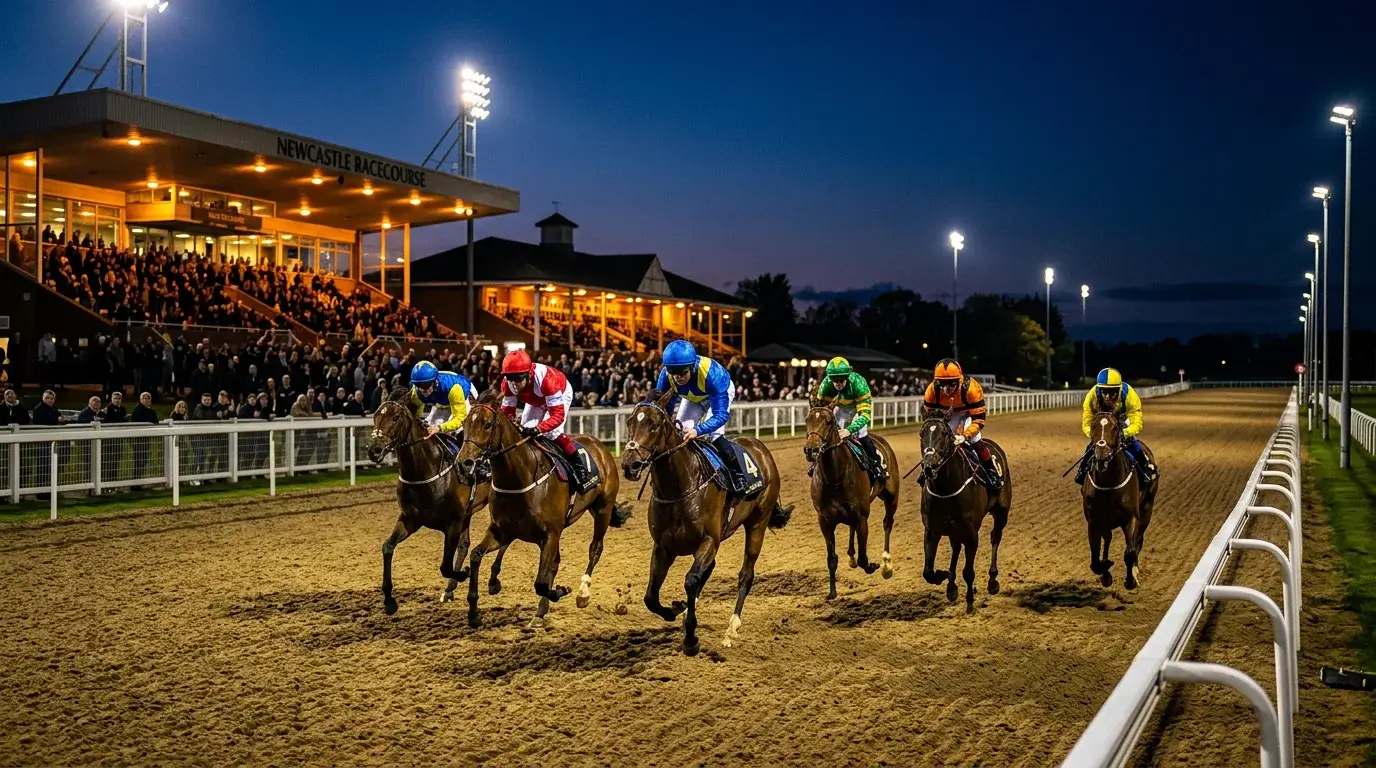 Floodlit evening flat race on the Tapeta straight at Newcastle Gosforth Park under a deep blue twilight sky