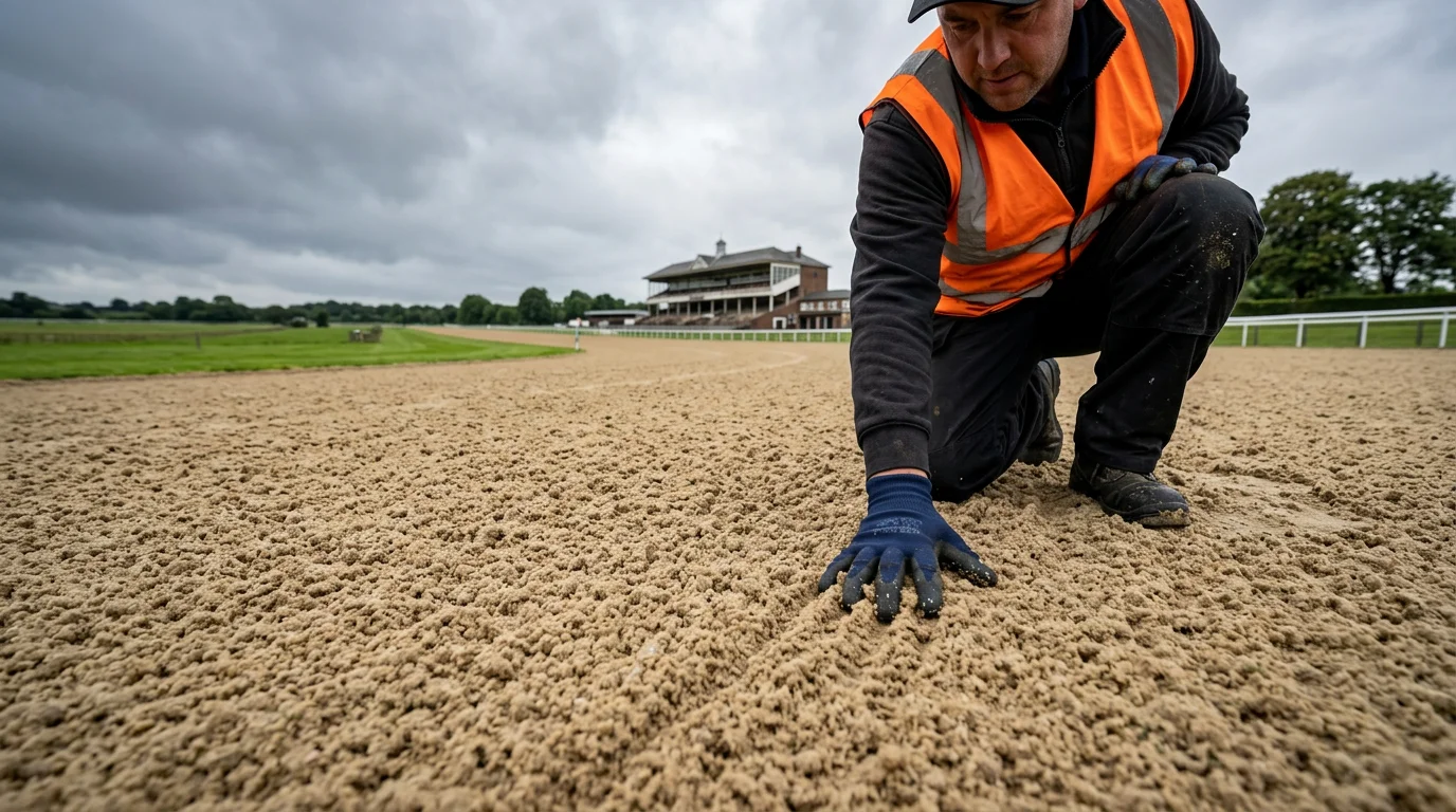 Ground staff inspecting the Tapeta all-weather surface at Newcastle Gosforth Park racecourse after rainfall