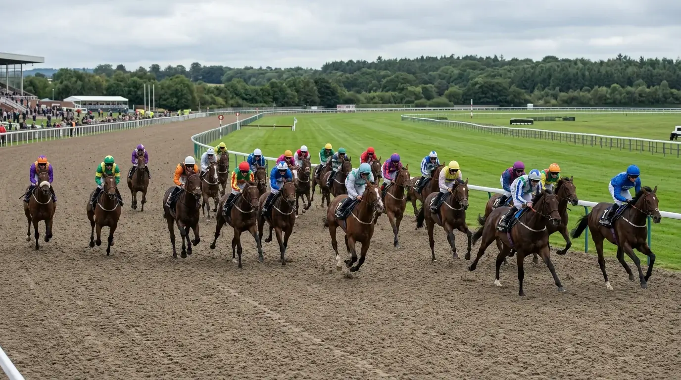 Large field of handicap racehorses spread across the Tapeta track at Newcastle Gosforth Park