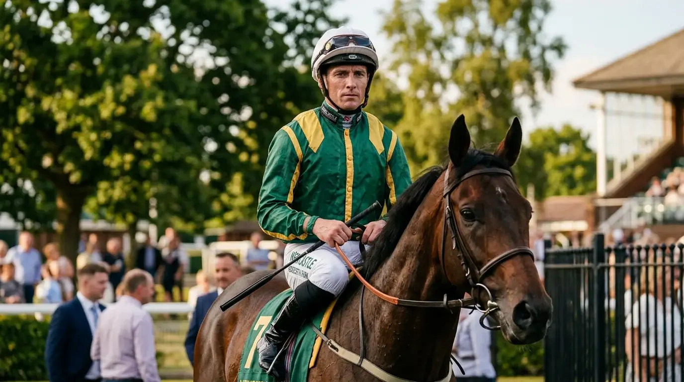 Professional flat race jockey in full racing silks aboard a thoroughbred at Newcastle Gosforth Park racecourse