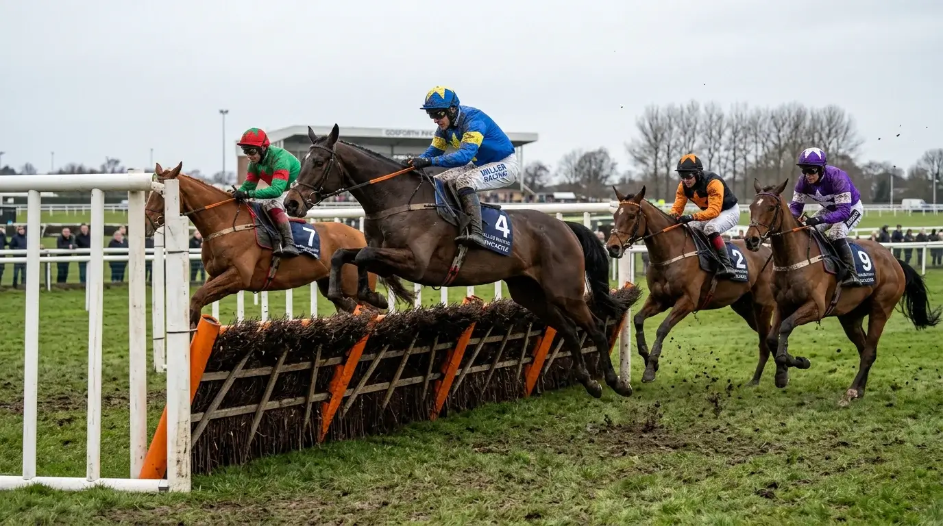 Racehorses jumping a hurdle flight at Newcastle Gosforth Park during a National Hunt meeting