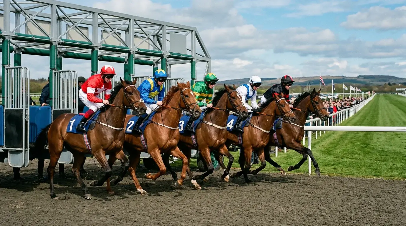 Young thoroughbred debutants breaking from the stalls in a maiden flat race on the Tapeta at Newcastle Gosforth Park