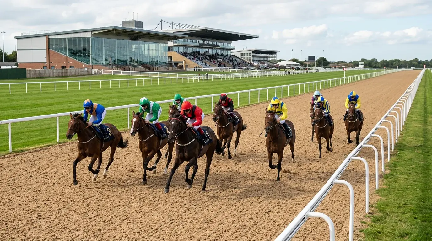 Thoroughbred racehorses midway through the one-mile straight Tapeta course at Newcastle Gosforth Park