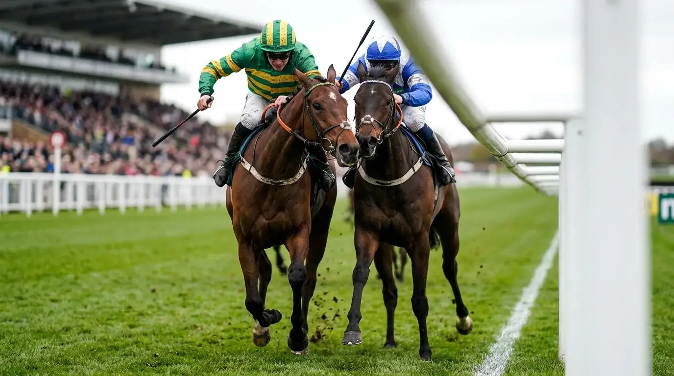 Two thoroughbreds crossing the finish line in a dead heat at Newcastle Gosforth Park racecourse