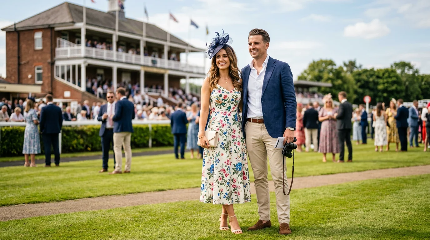 Elegantly dressed racegoers in smart attire at Newcastle Gosforth Park racecourse on a summer race day