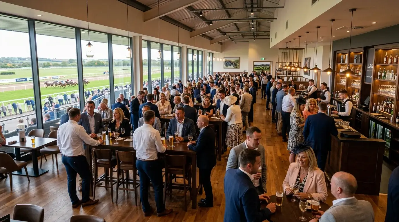 Racegoers dining and socialising at the restaurant and bar facilities inside Newcastle Gosforth Park grandstand