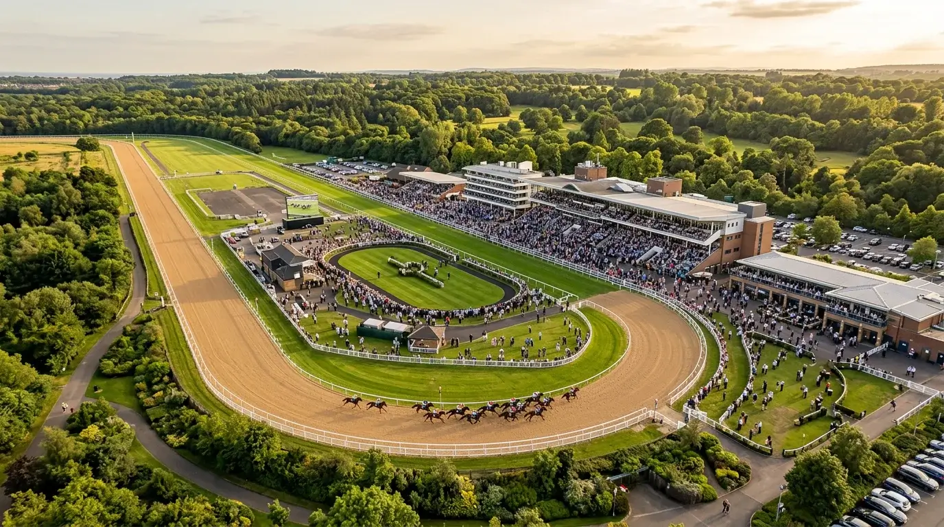 Newcastle racecourse aerial view of Gosforth Park showing the Tapeta all-weather track and grandstand