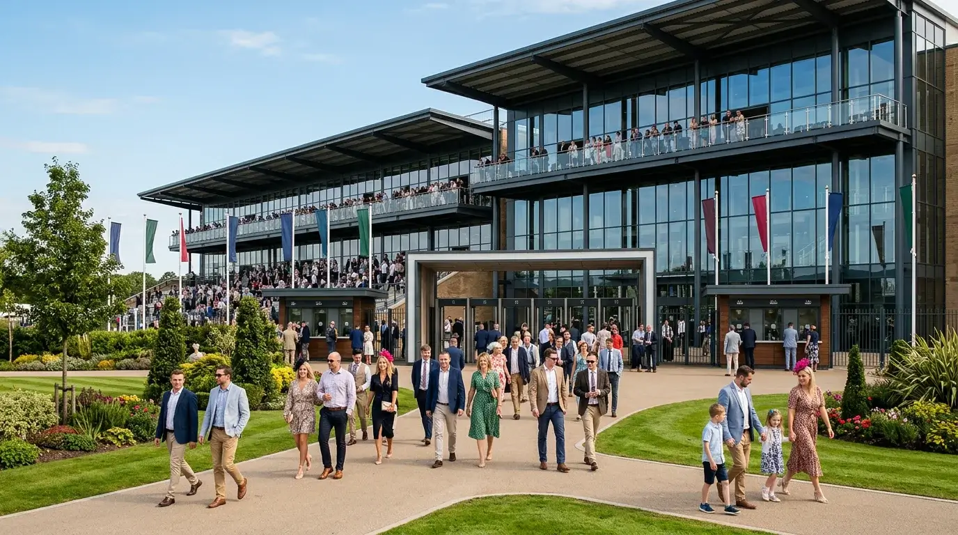 The main entrance and grandstand at Newcastle racecourse on a race day