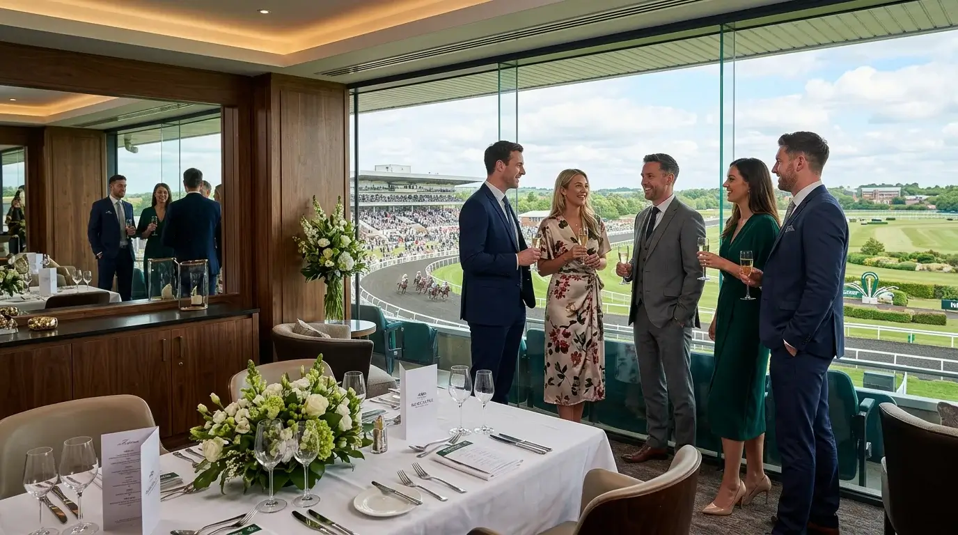 Guests enjoying premium hospitality in a private box overlooking the track at Newcastle Gosforth Park racecourse