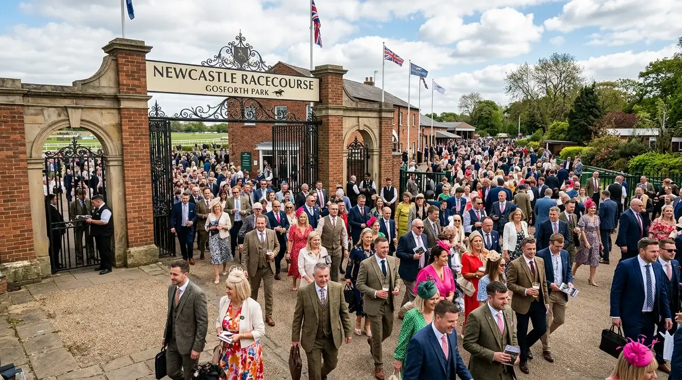 Crowds of racegoers entering Newcastle Gosforth Park racecourse through the main gate on race day
