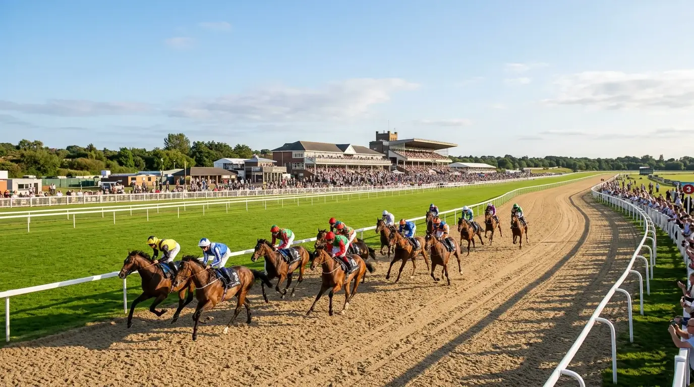 Newcastle racecourse Gosforth Park with horses on the all-weather Tapeta track on a race day