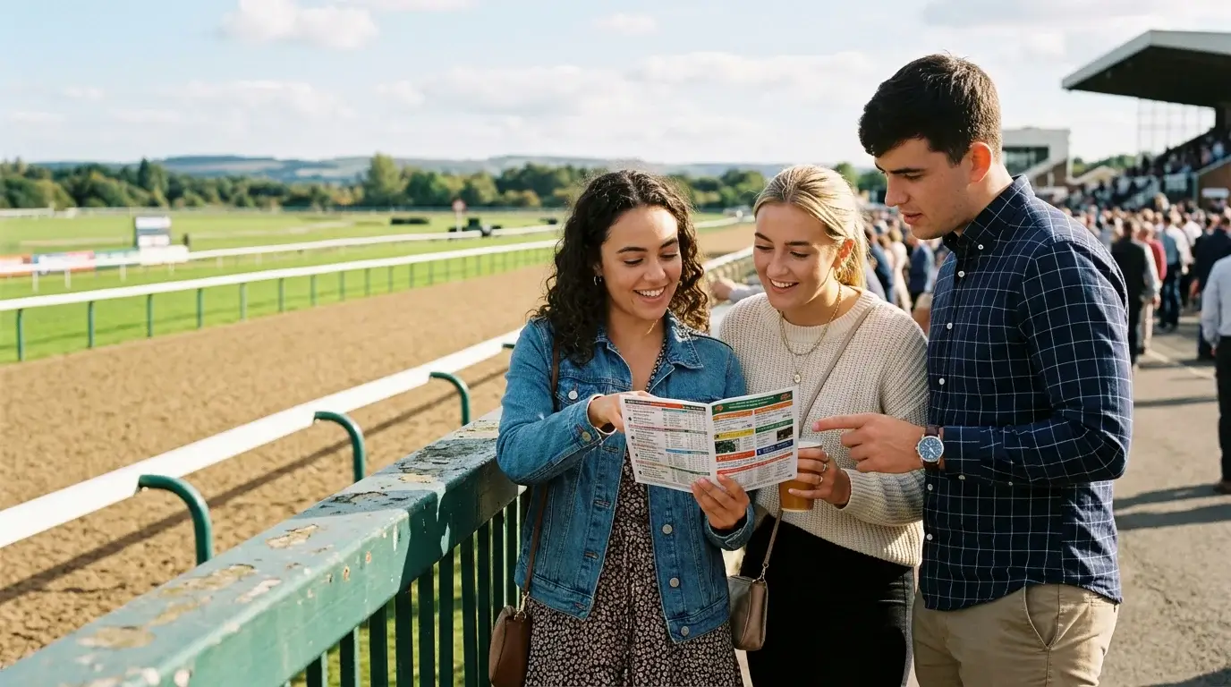 First-time racegoers studying a race card at Newcastle Gosforth Park racecourse on a sunny day