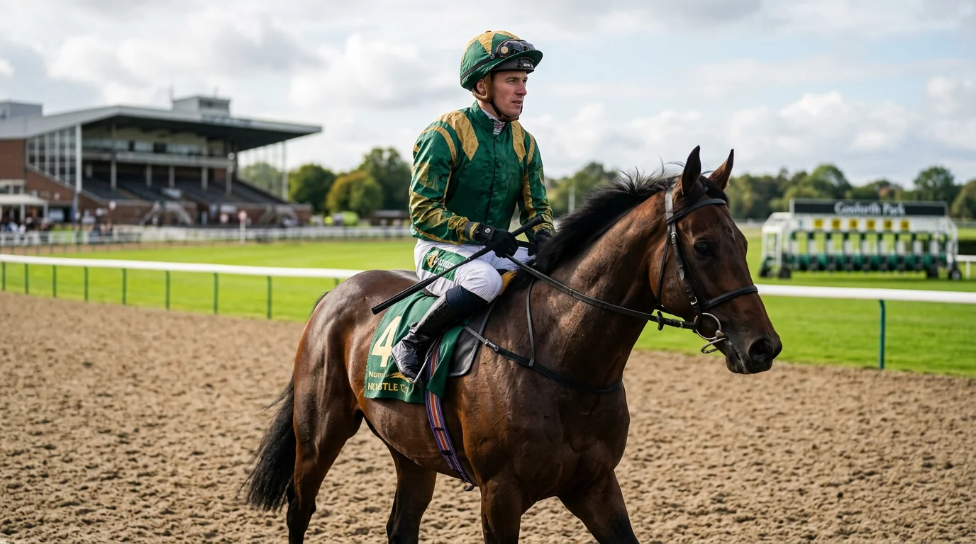 Jockey in racing silks at Newcastle racecourse Tapeta track during a flat race