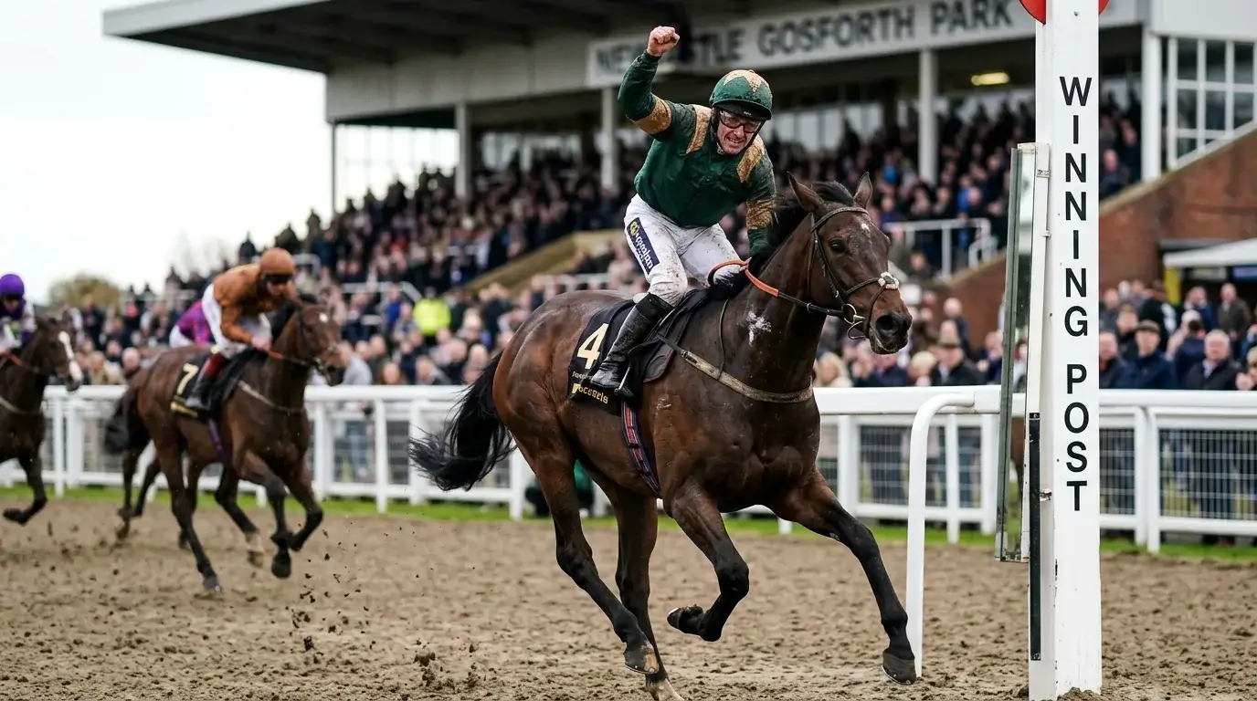 Winning thoroughbred and jockey crossing the finish line at Newcastle Gosforth Park racecourse