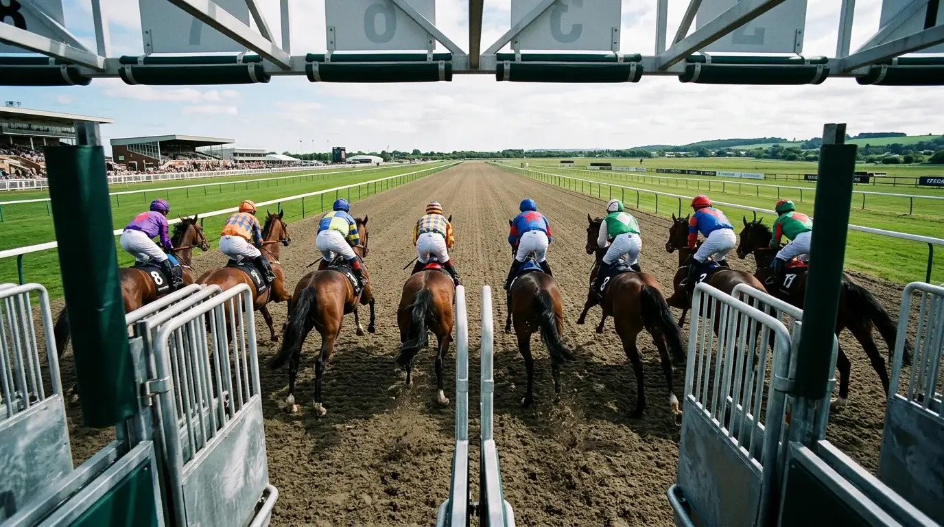 Sprint racehorses exploding from the starting stalls on Newcastle Gosforth Park straight Tapeta course