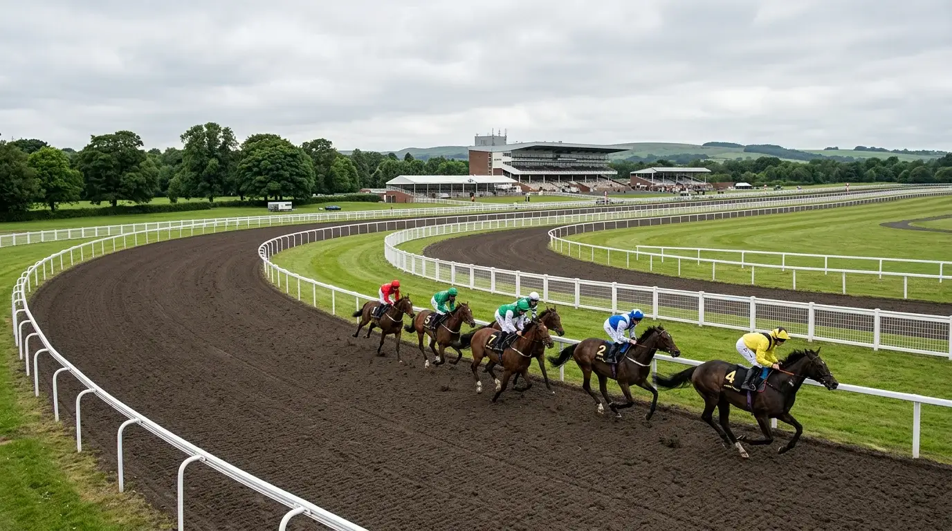 Staying racehorses rounding the far bend of the oval circuit at Newcastle Gosforth Park during a 2m flat race