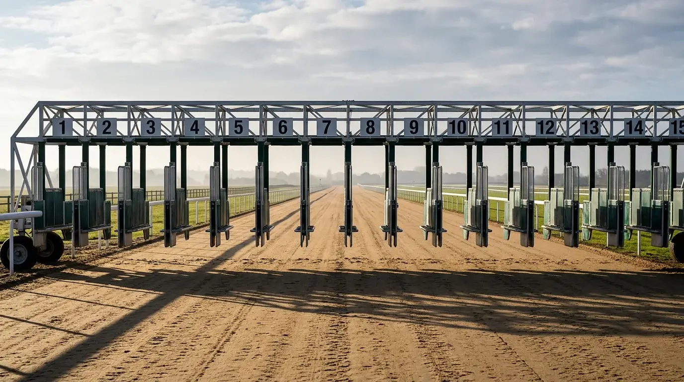 Starting stalls on Newcastle's straight mile course showing draw positions numbered for sprint races
