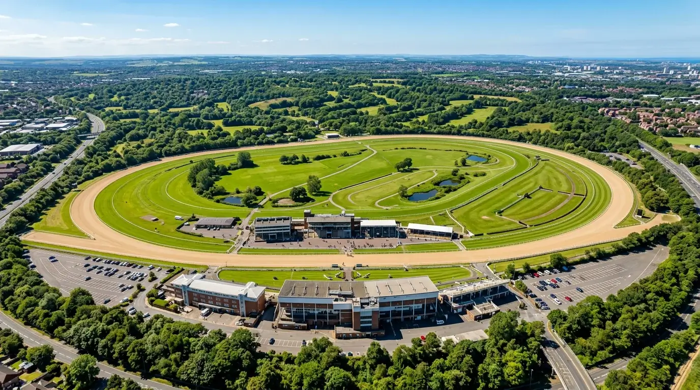 Thoroughbreds racing on the wide Tapeta straight course at Newcastle Gosforth Park showing the track