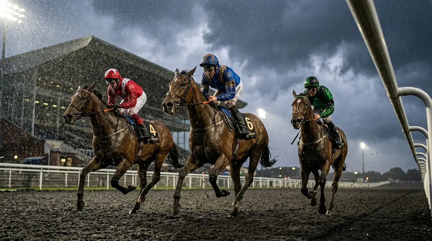 Racehorses galloping through rain on the Tapeta all-weather surface at Newcastle Gosforth Park under heavy grey skies