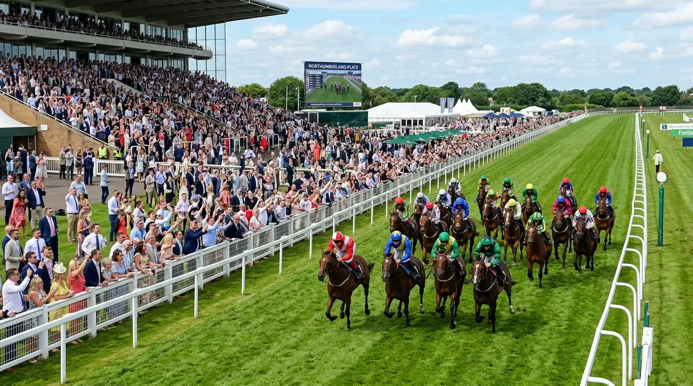 Crowds watching the Northumberland Plate race at Newcastle with horses racing on the track