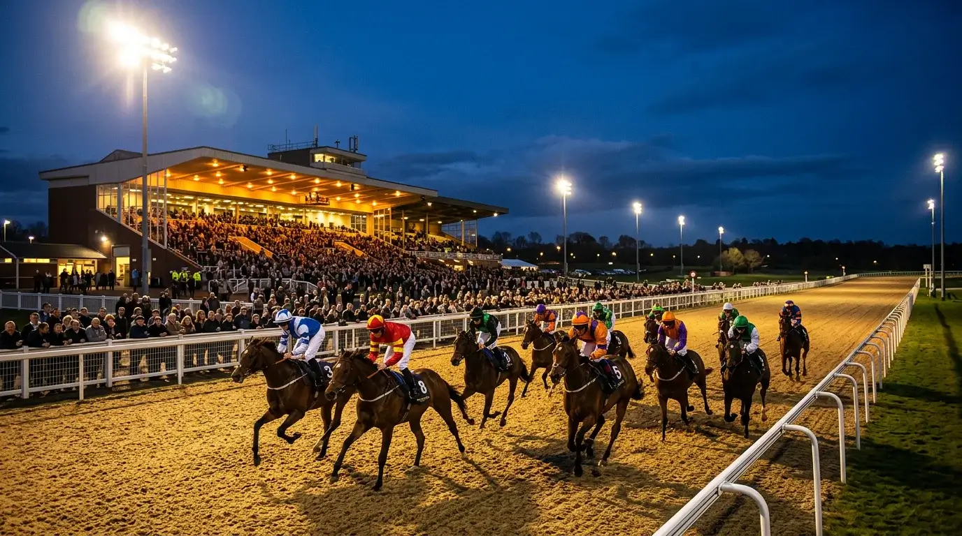 Horse racing at Newcastle Gosforth Park with grandstand and floodlights during an evening meeting